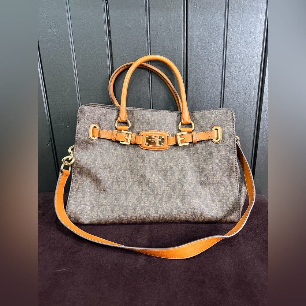 Michael Kors Large Brown Satchel Leather Shoulder Tote Bag Gold Accents MK Logo - Picture 2 of 13